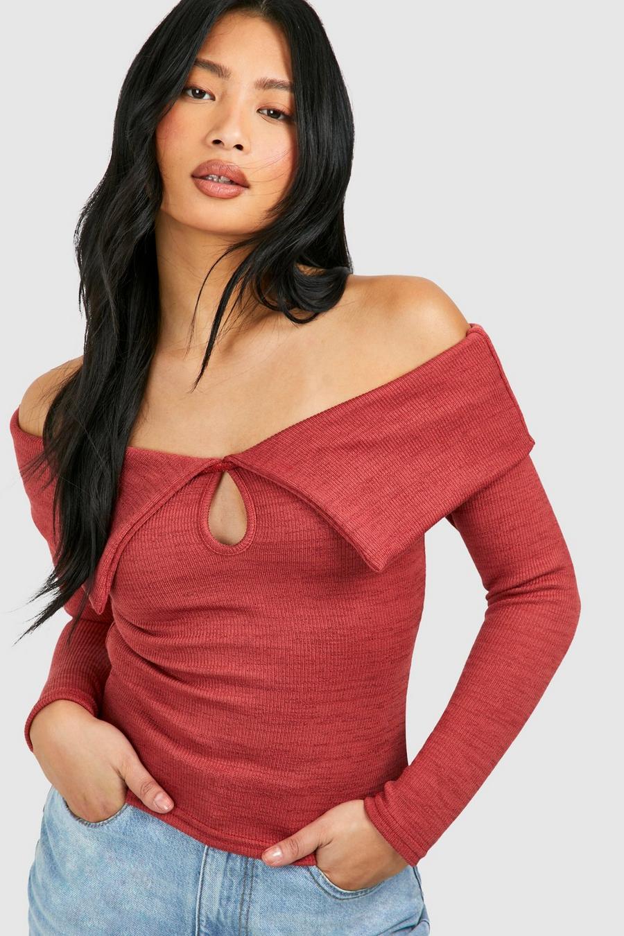 Rose Petite Knitted Off The Shoulder Keyhole Top