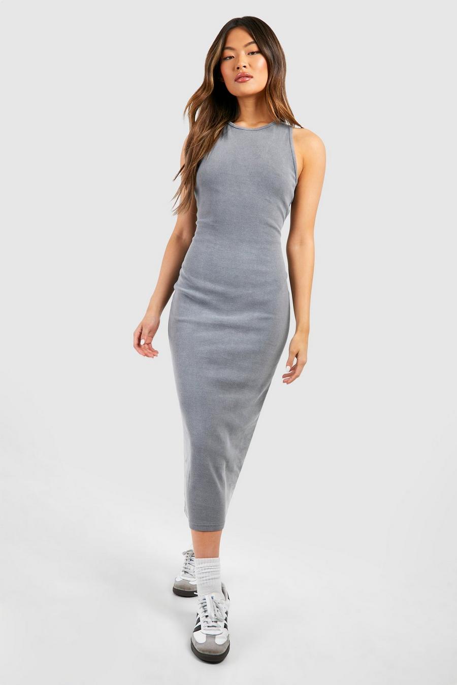 Charcoal Acid Wash Racer Neck Bodycon Maxi Dress image number 1