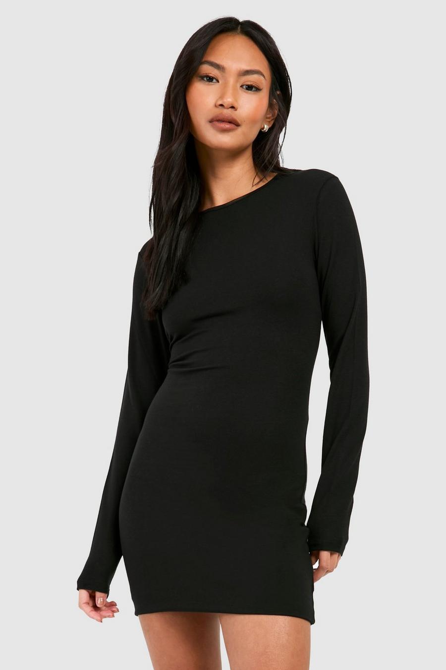 Black Super Zachte Premium Bodycon Mini Jurk Met Lange Mouwen