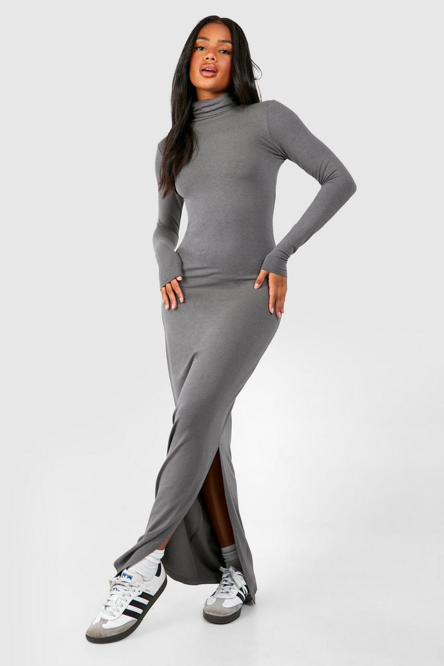 Charcoal Premium Super Soft Turtleneck Bodycon Maxi Dress