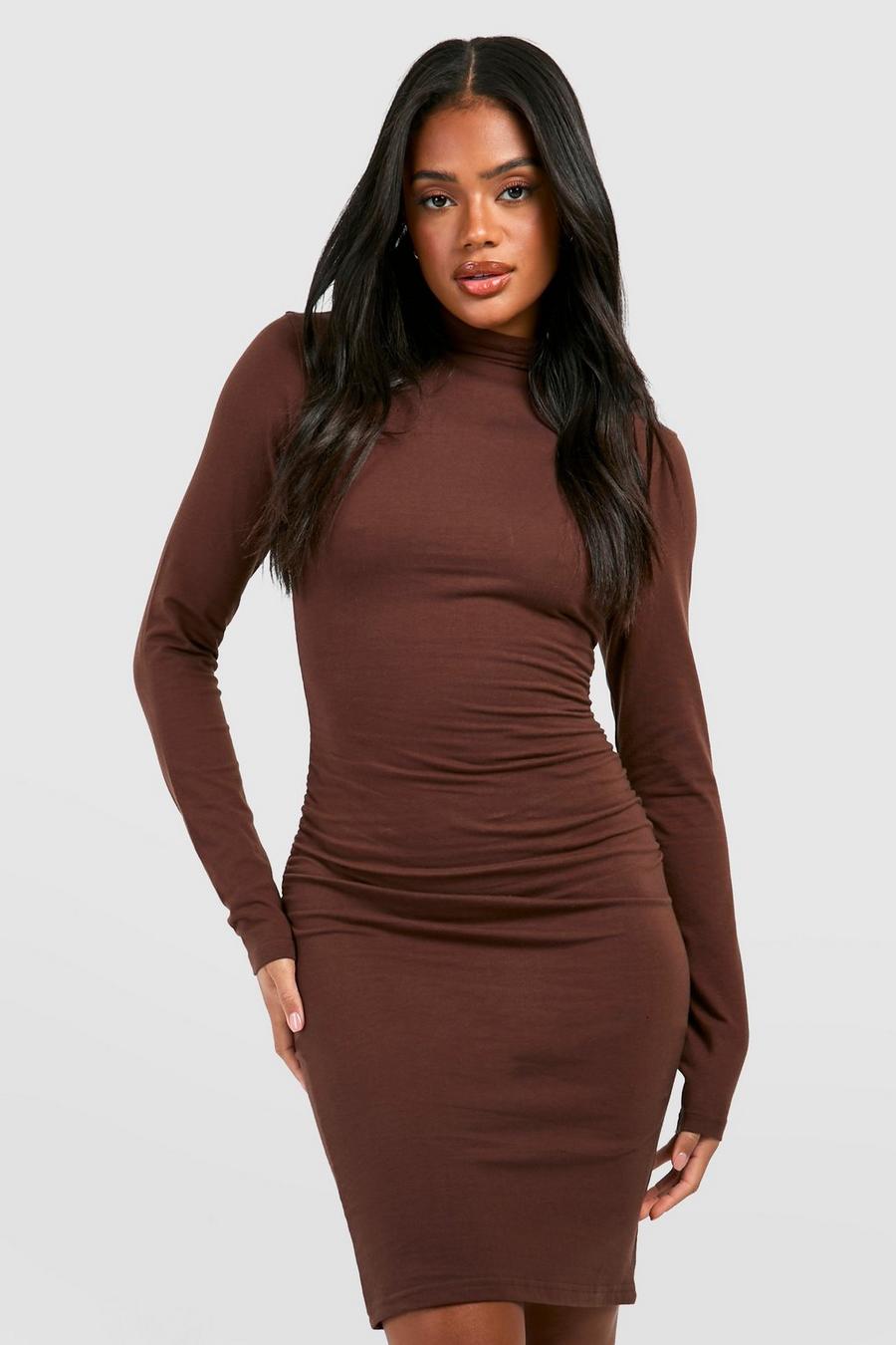 Chocolate High Neck Ruched Long Sleeve Mini Dress