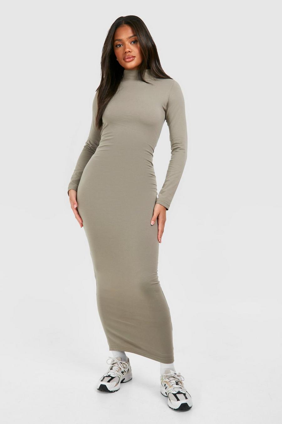 Khaki Turtleneck Long Sleeve Maxi Dress