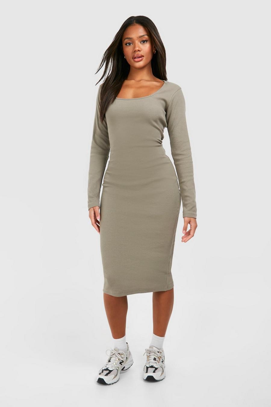 Khaki Square Neck Long Sleeve Midi Dress  image number 1