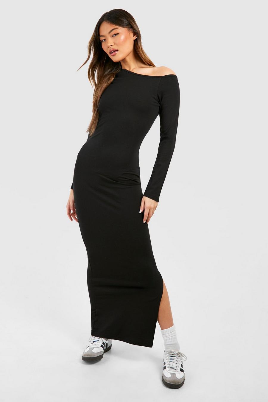 Black Assymetric Long Sleeve Maxi Dress