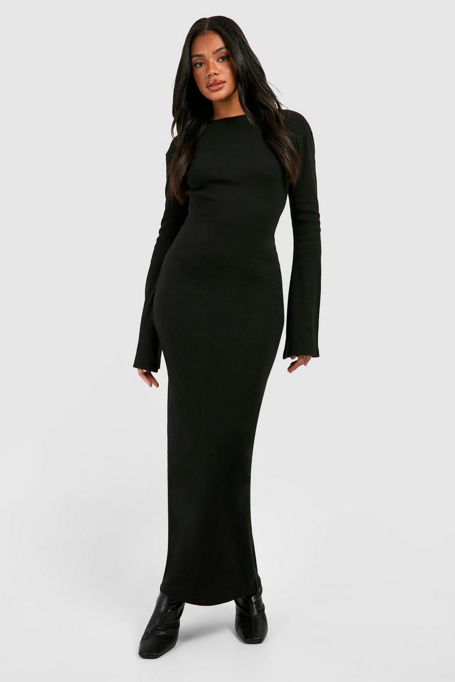 Black Flare Sleeve Rib Long Sleeve Maxi Dress image number 1