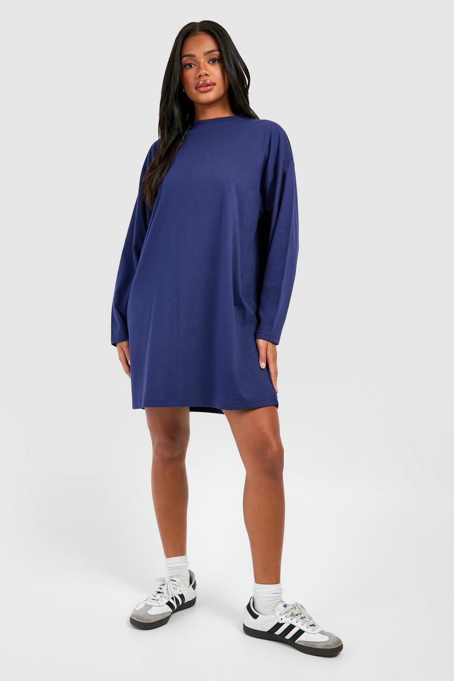 Navy Long Sleeve Jersey Knit T-Shirt Dress