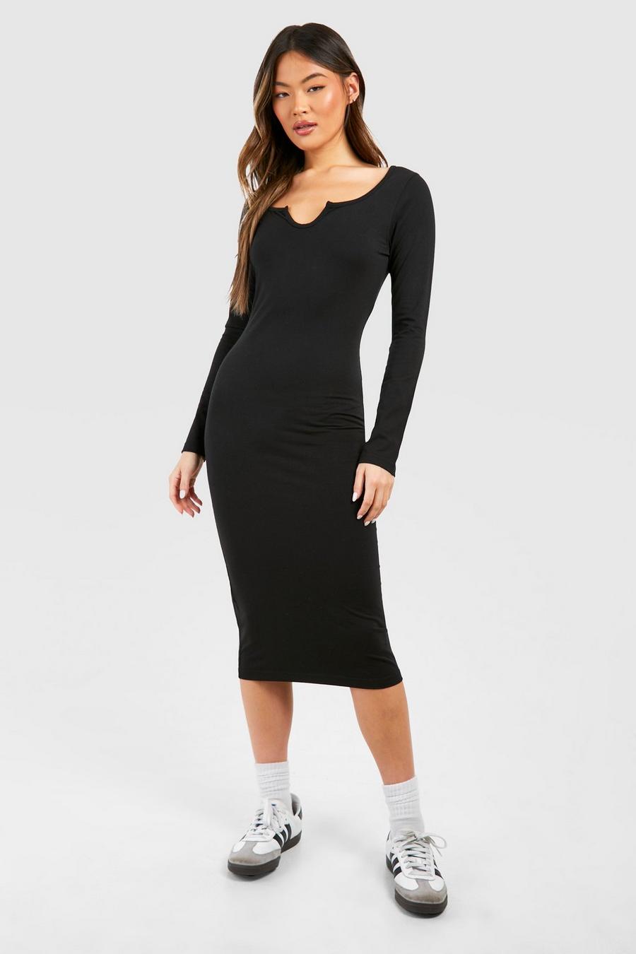 Black Notch Neck Long Sleeve Jersey Midi Dress