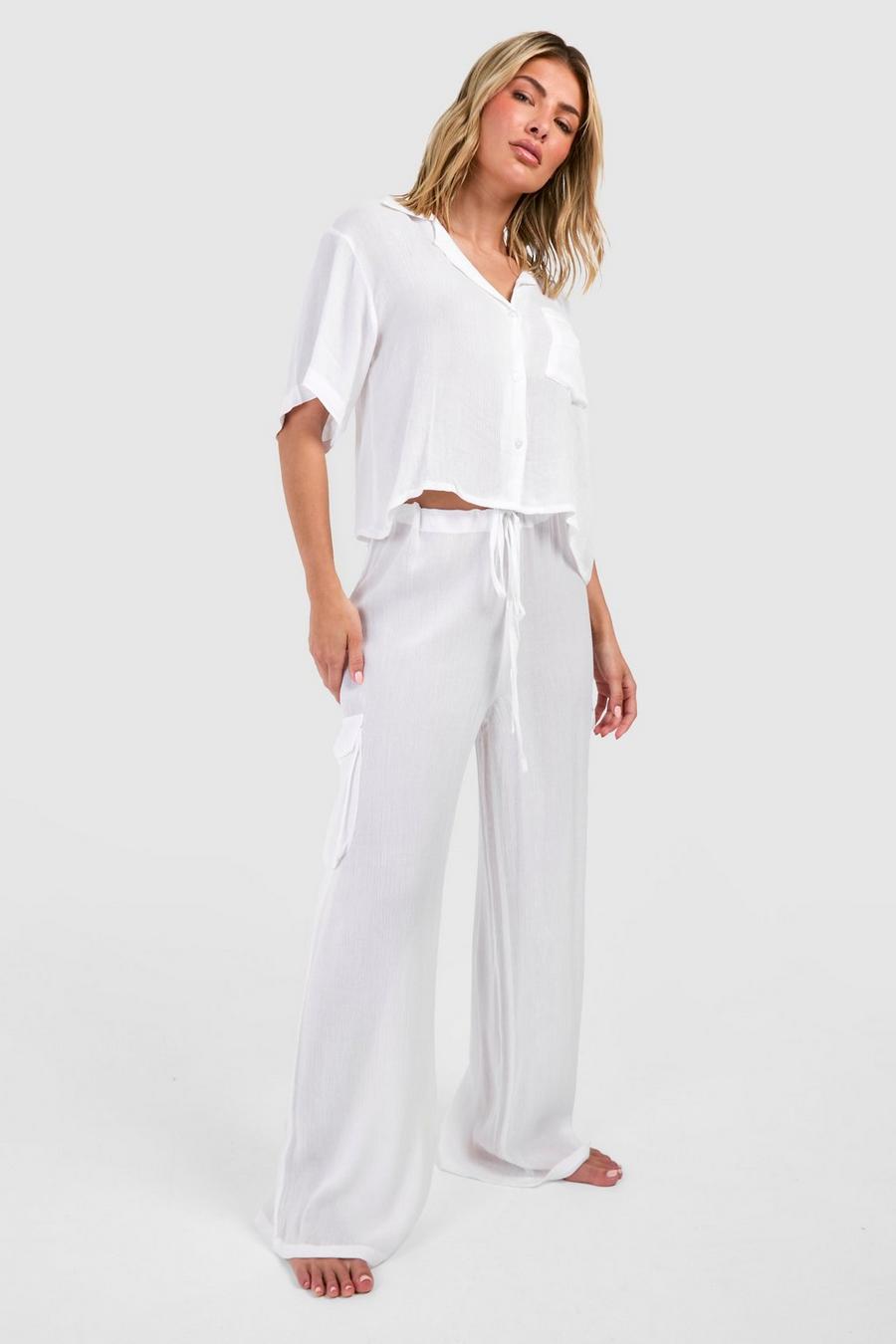 White Cheesecloth Cargo Beach Trousers