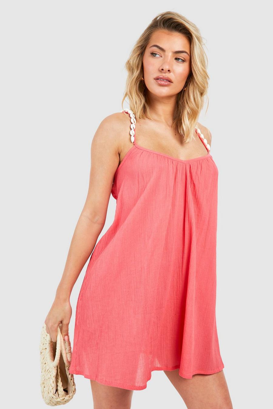 Vestido mini para la playa fruncido de tela shell, Coral pink