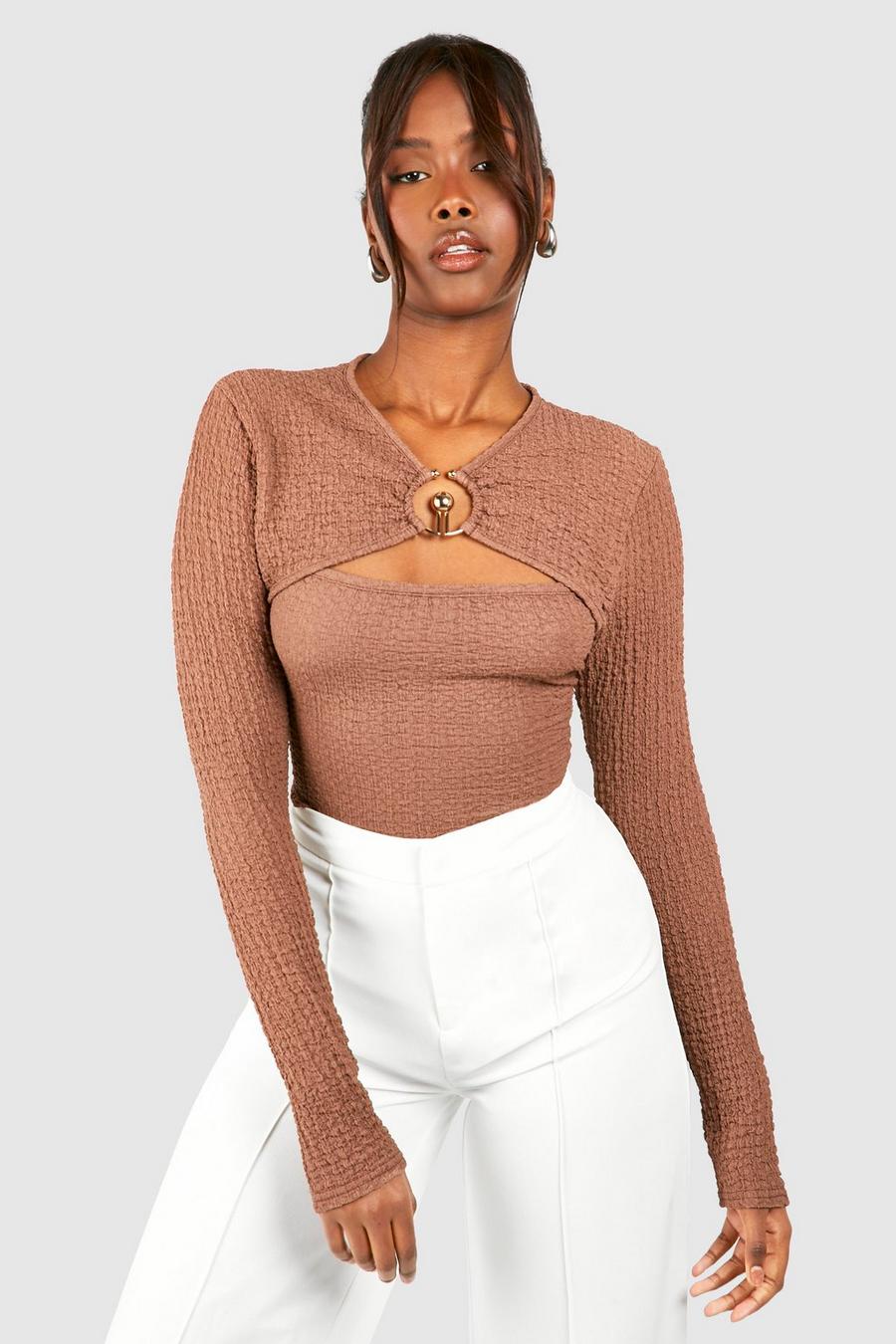 Taupe Textured Ring Detail Cut Out Long Sleeve Top