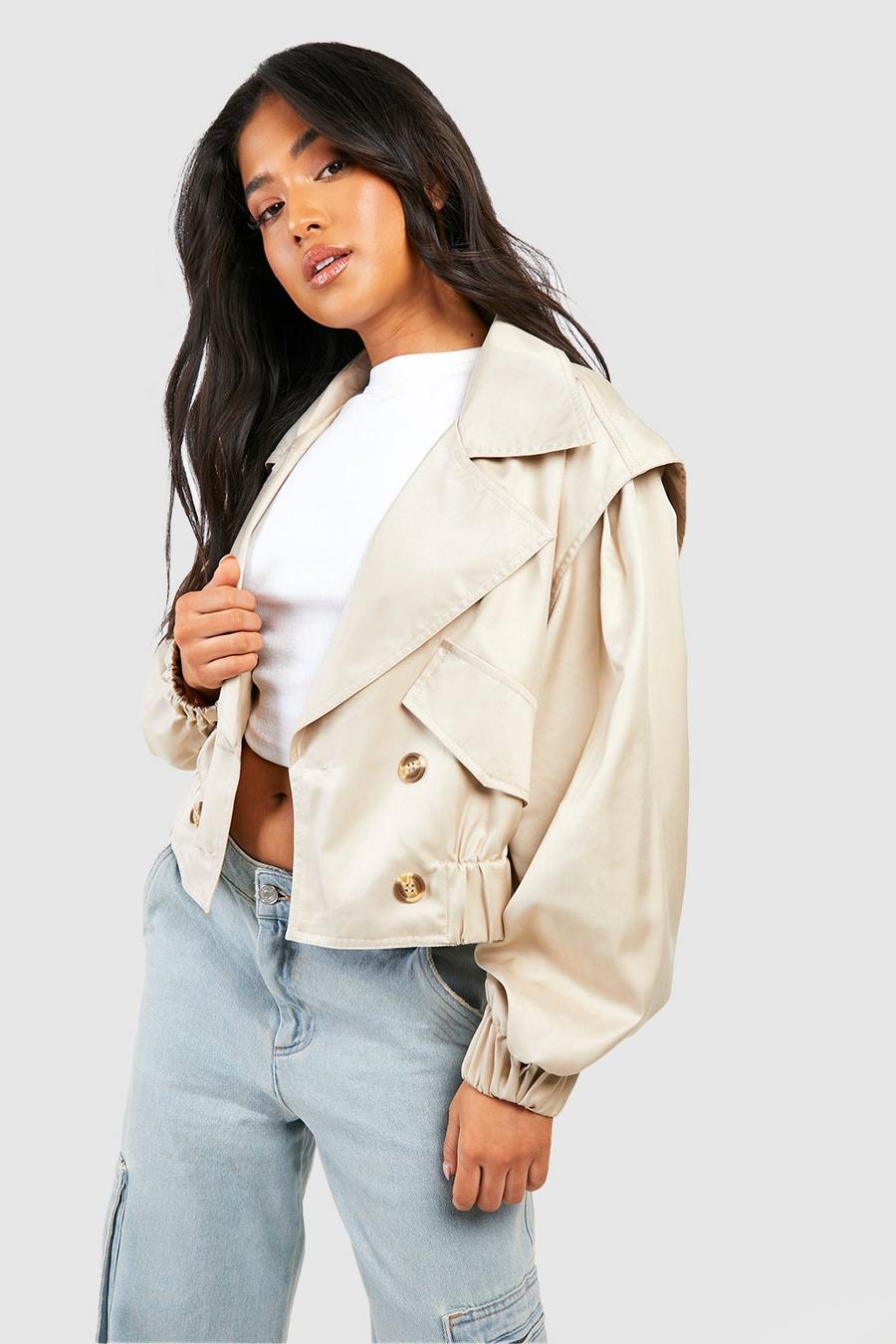 Stone Petite Oversized Shoulder Detail Crop Trench 