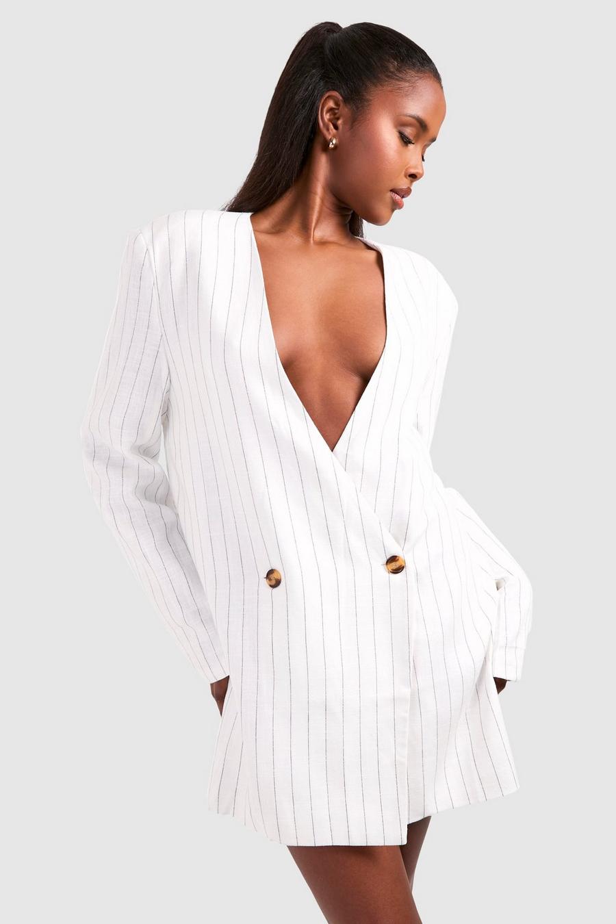 White Stripe Oversized Collarless Blazer Dress
