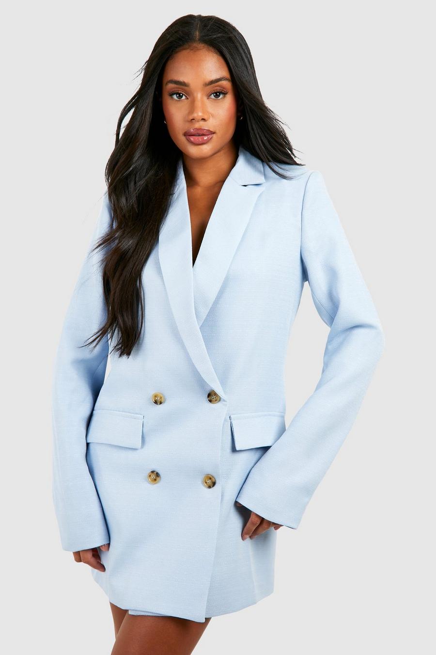 Denim-blue Oversized Linnen Blazer Jurk Met Dubbele Knopen