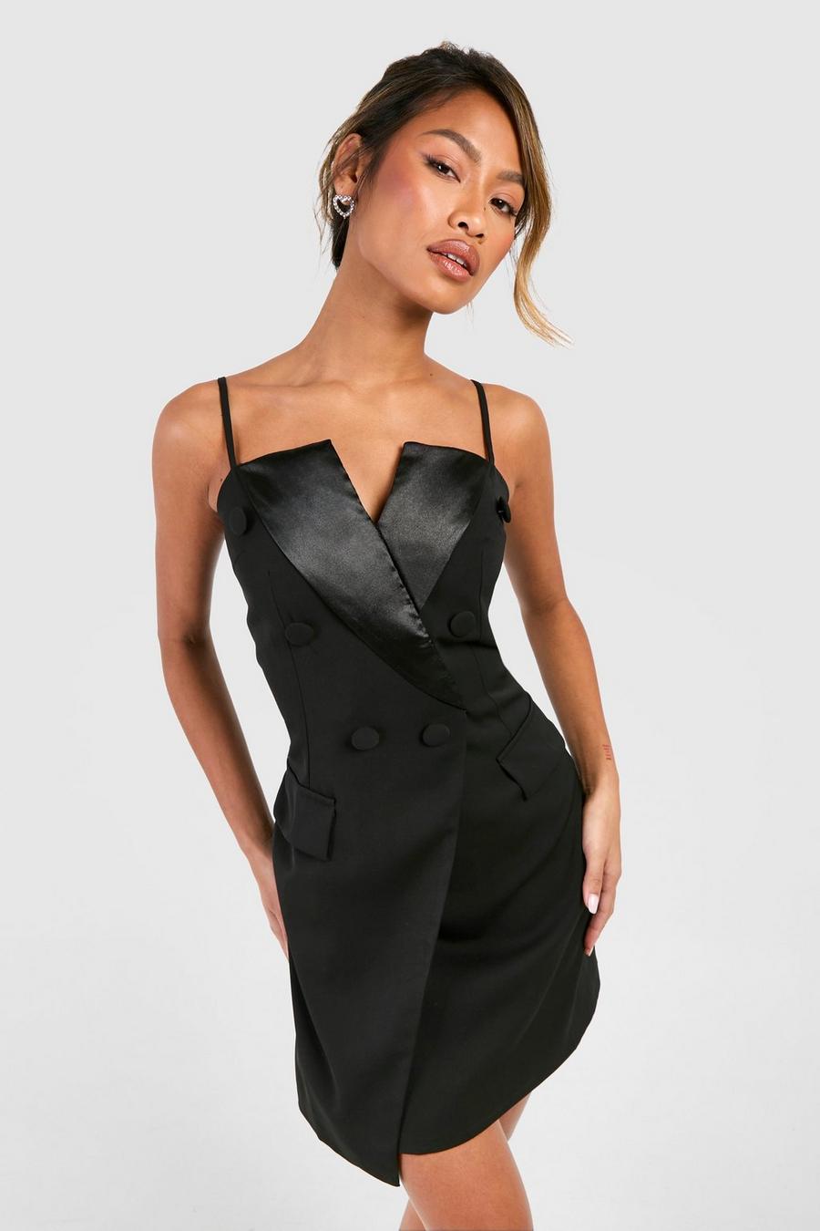 Black Strappy Contrast Lapel Blazer Dress