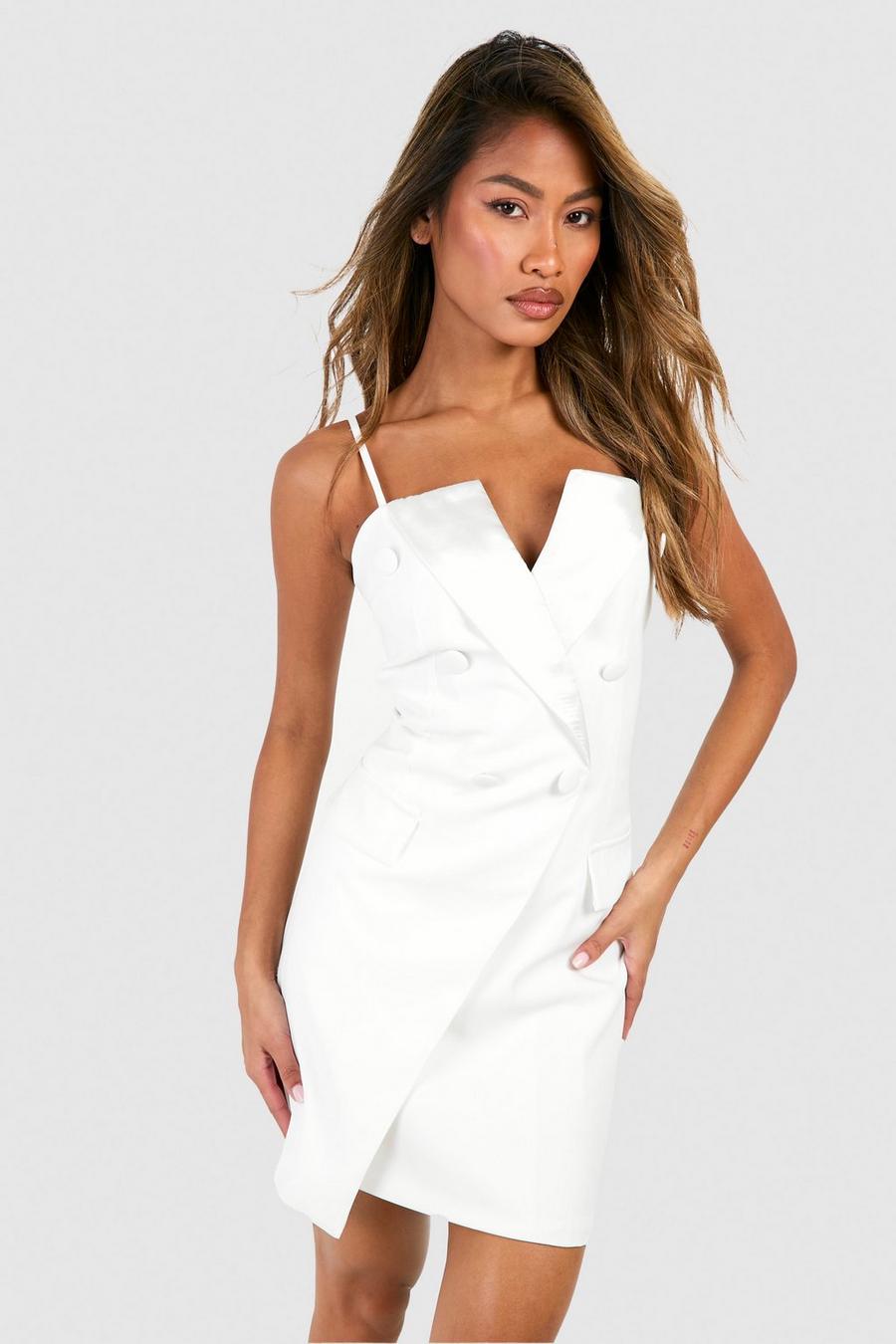 White Strappy Contrast Lapel Blazer Dress image number 1