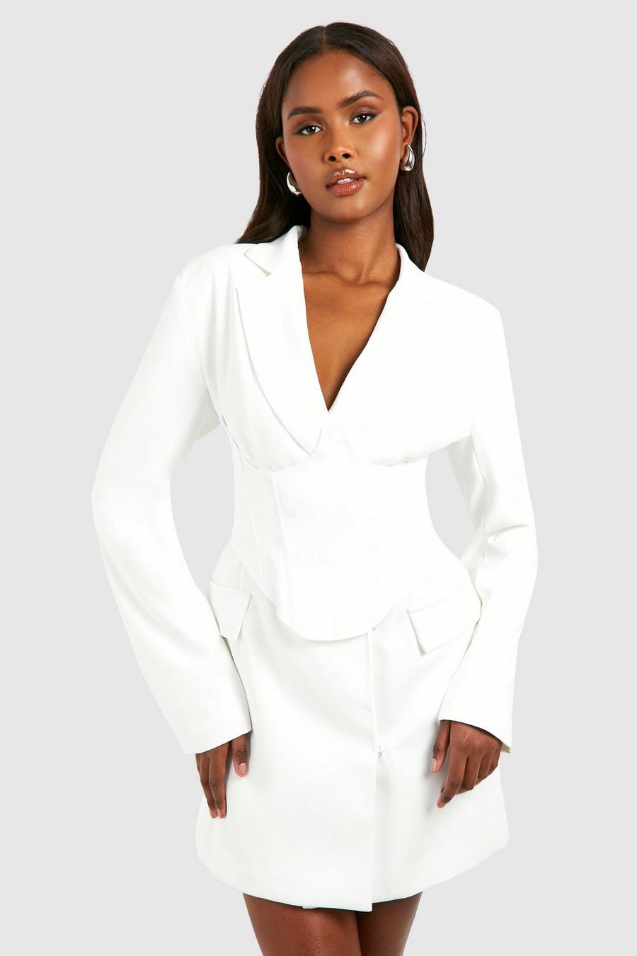 White Tall Contrast Tonal Satin Drape Blazer Dress