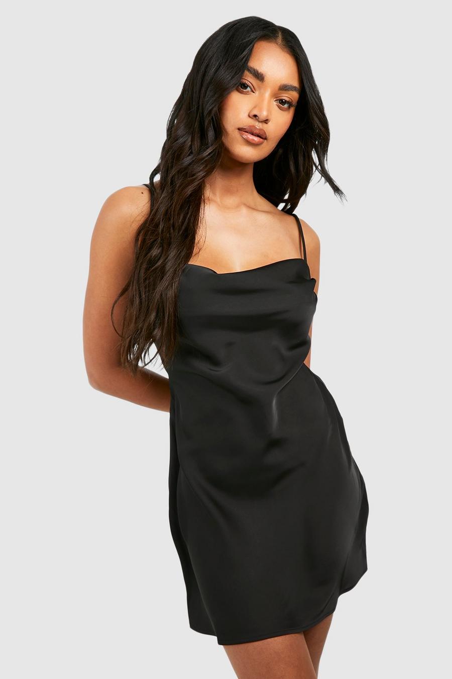 Black Satin Cowl Neck Mini Slip Dress