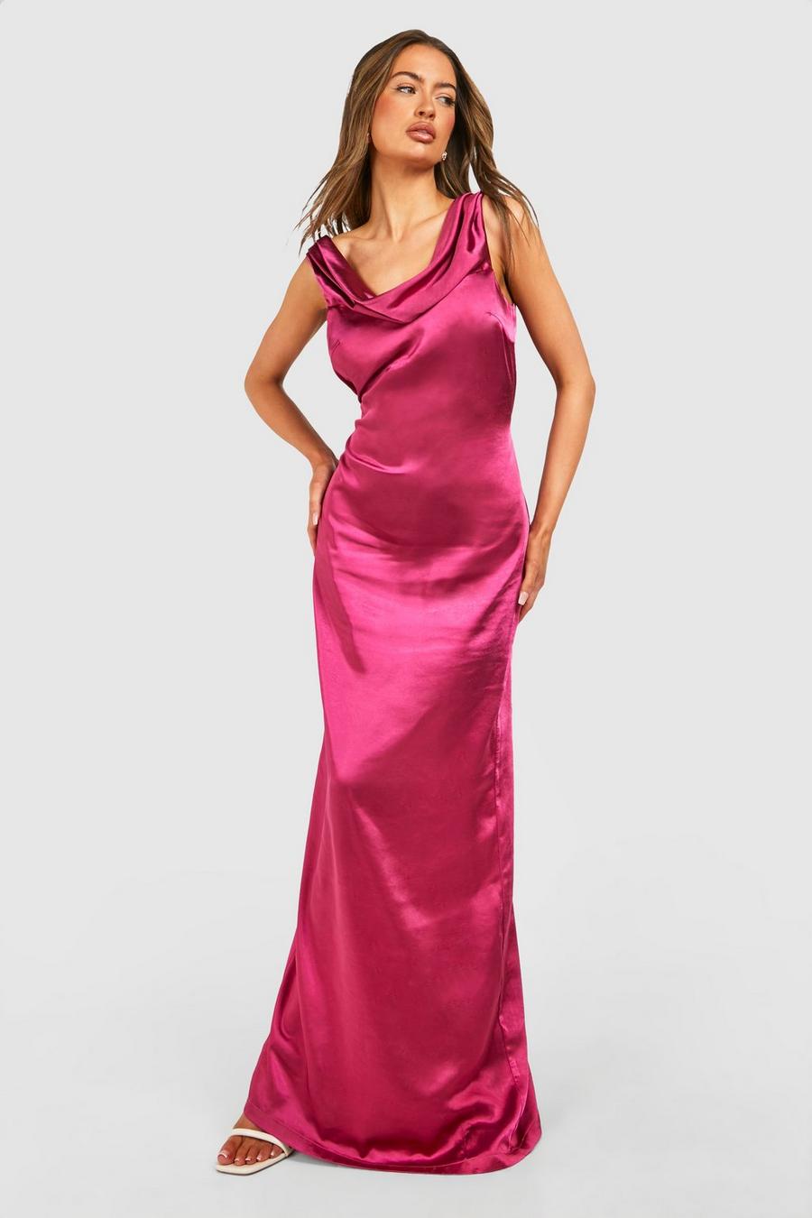 Satin Extreme Cowl Backless Maxi Dress, Berry