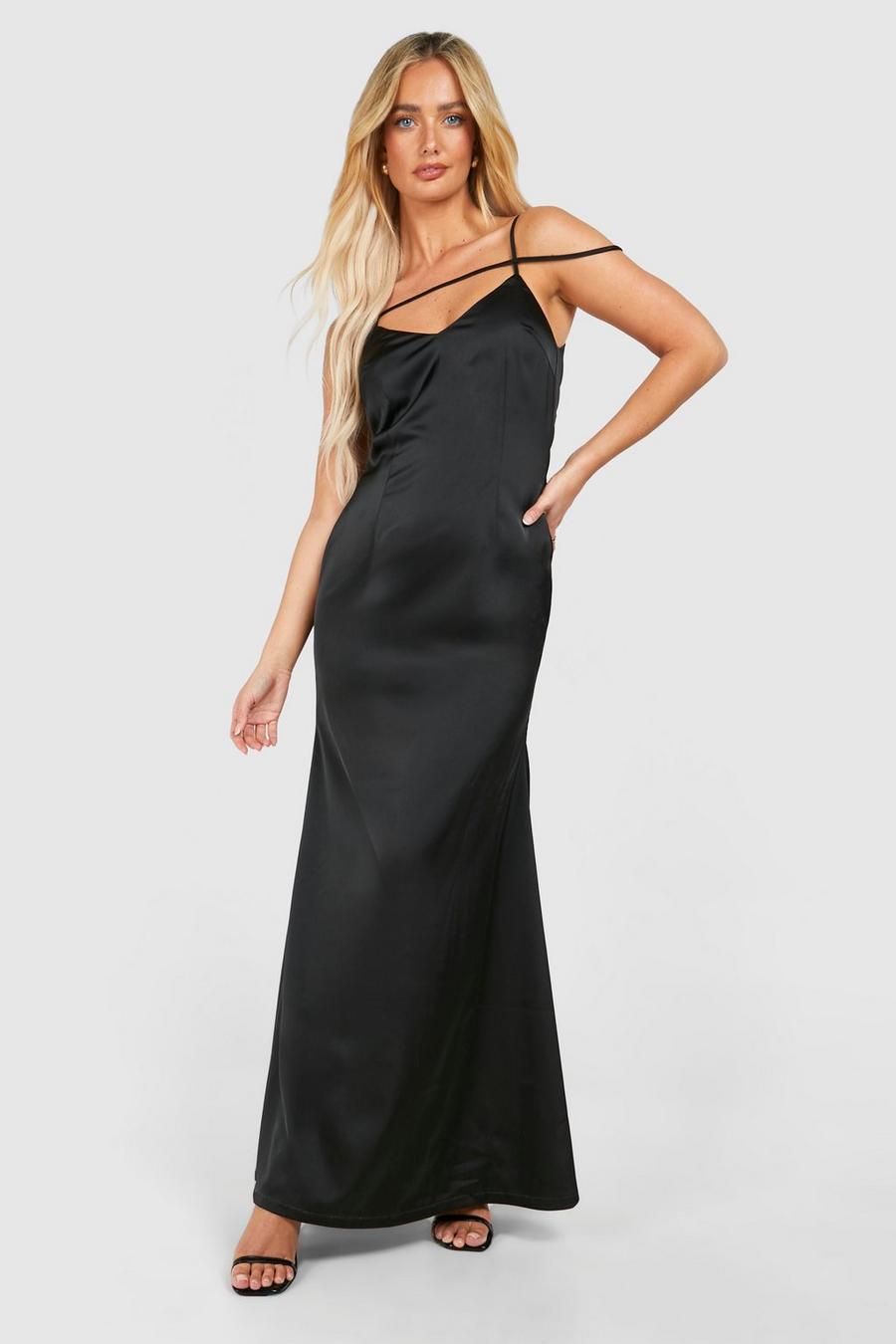 Black Satin Strappy Plunge Maxi Slip Dress