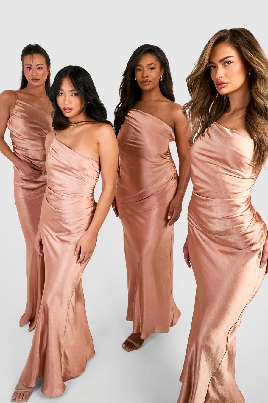 Copper Bridesmaid Satin Strappy Asymmetric Maxi Dress image number 1