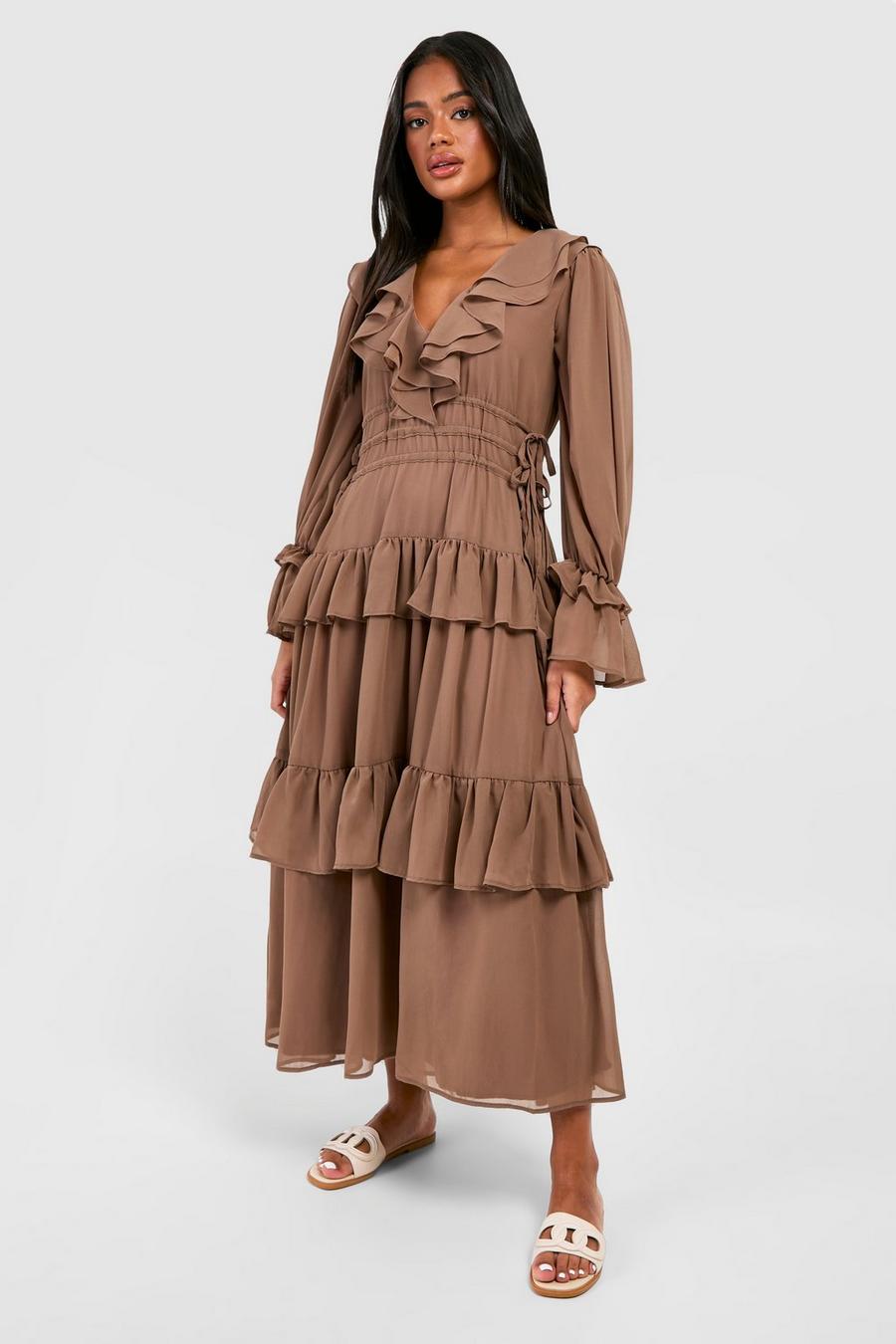 Taupe Chiffon Ruffle Detail Midaxi Smock Dress