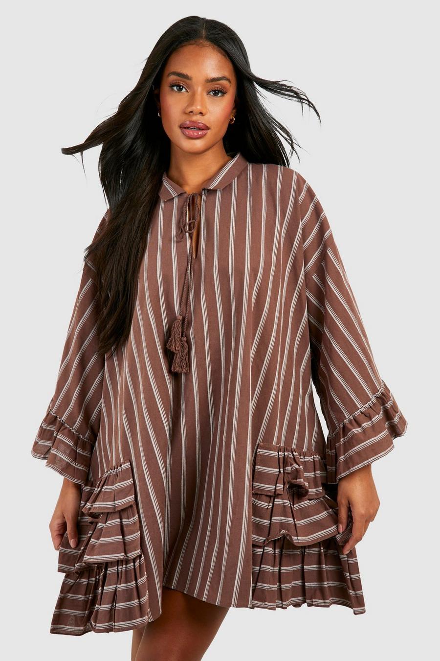 Chocolate Ruffle Detail Striped Smock Mini Dress