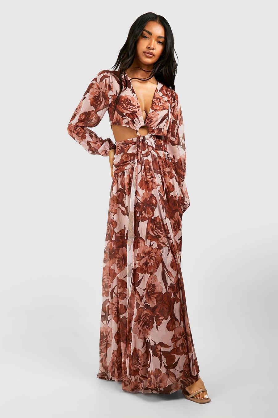 Brown Chiffon Bloemen Maxi Jurk Met Uitsnijding