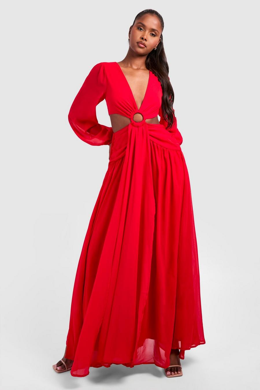 Red Chiffon Cut Out Maxi Dress image number 1