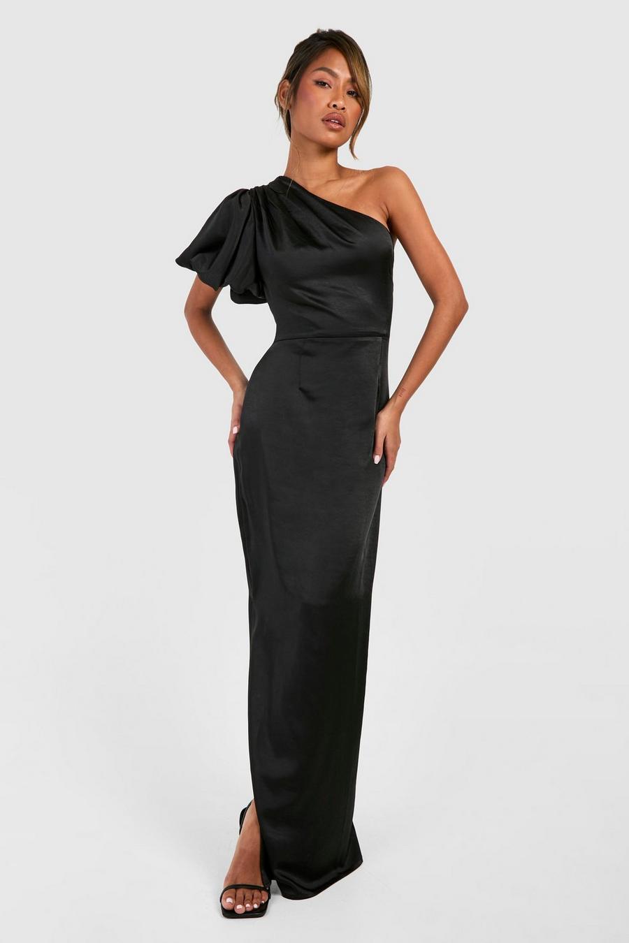 Black Satin Puff Sleeve Asymmetric Maxi Dress