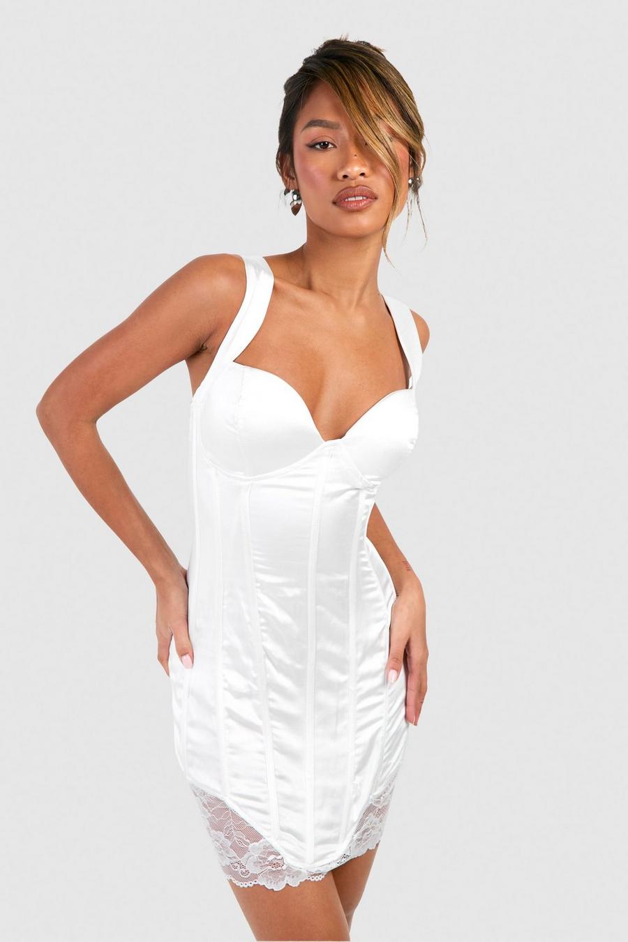 White Satin Lace Trim Bonded Corset Mini Dress image number 1