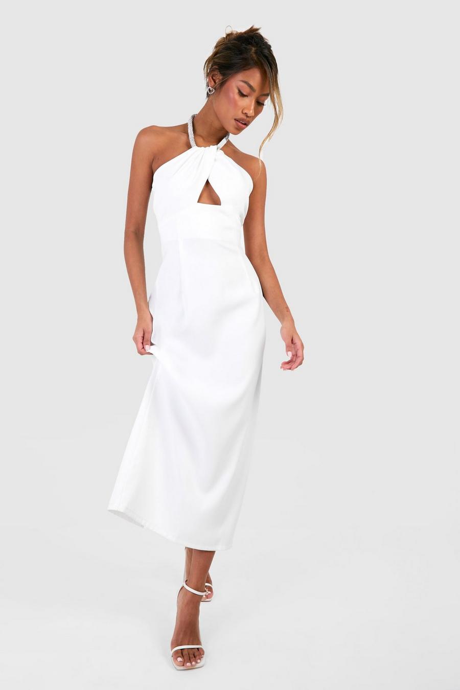 White Diamate Trim Halter Midi Dress image number 1