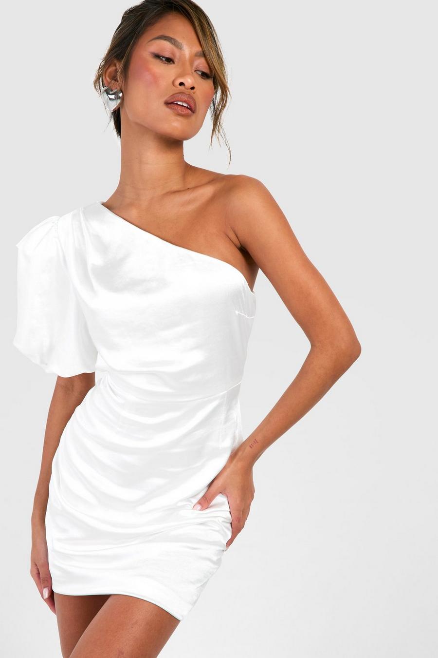 Vestido mini de raso asimétrico con mangas abullonadas, White