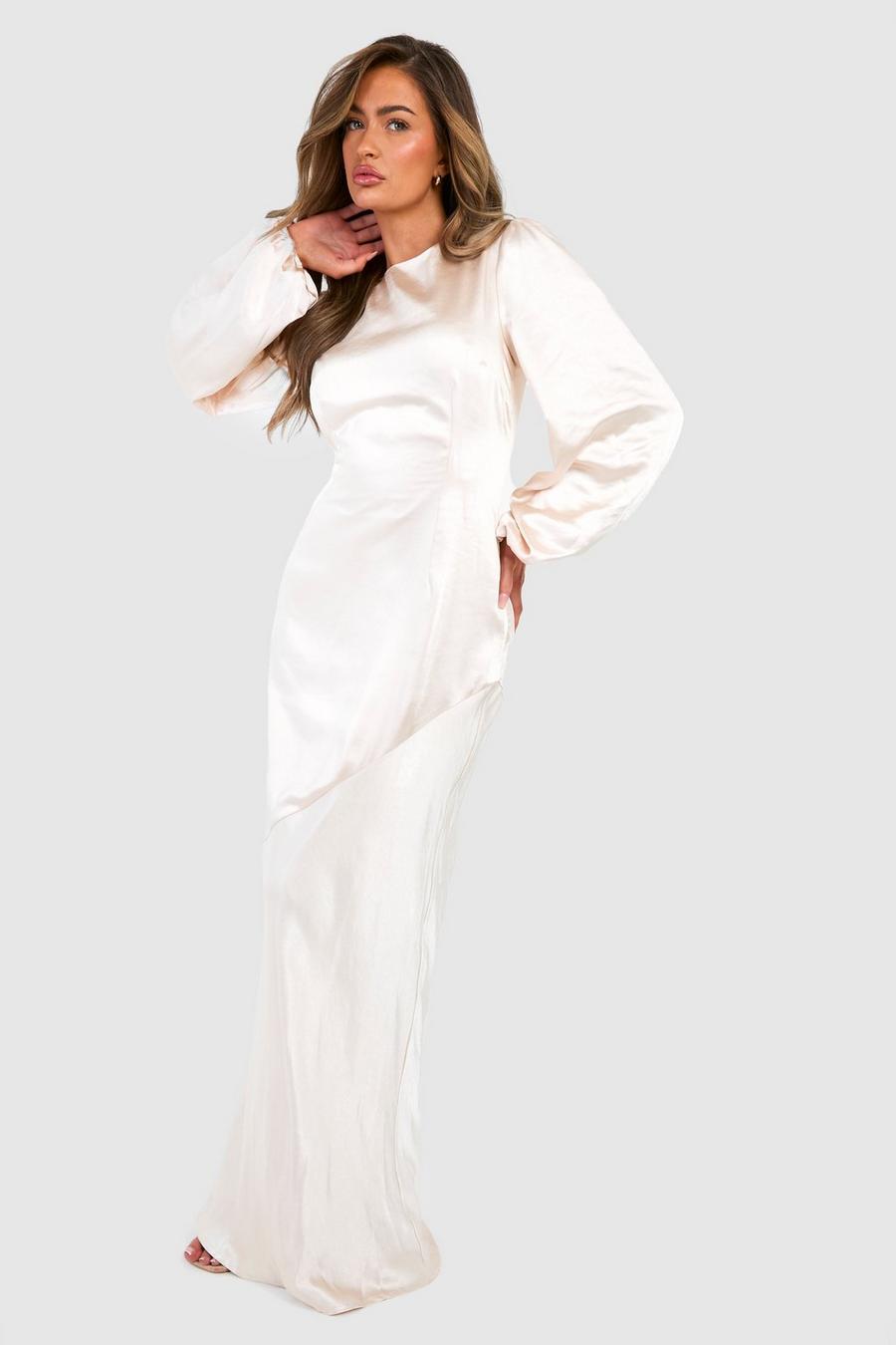 Cream Bridesmaid Satin Blouson Sleeve Maxi Dress