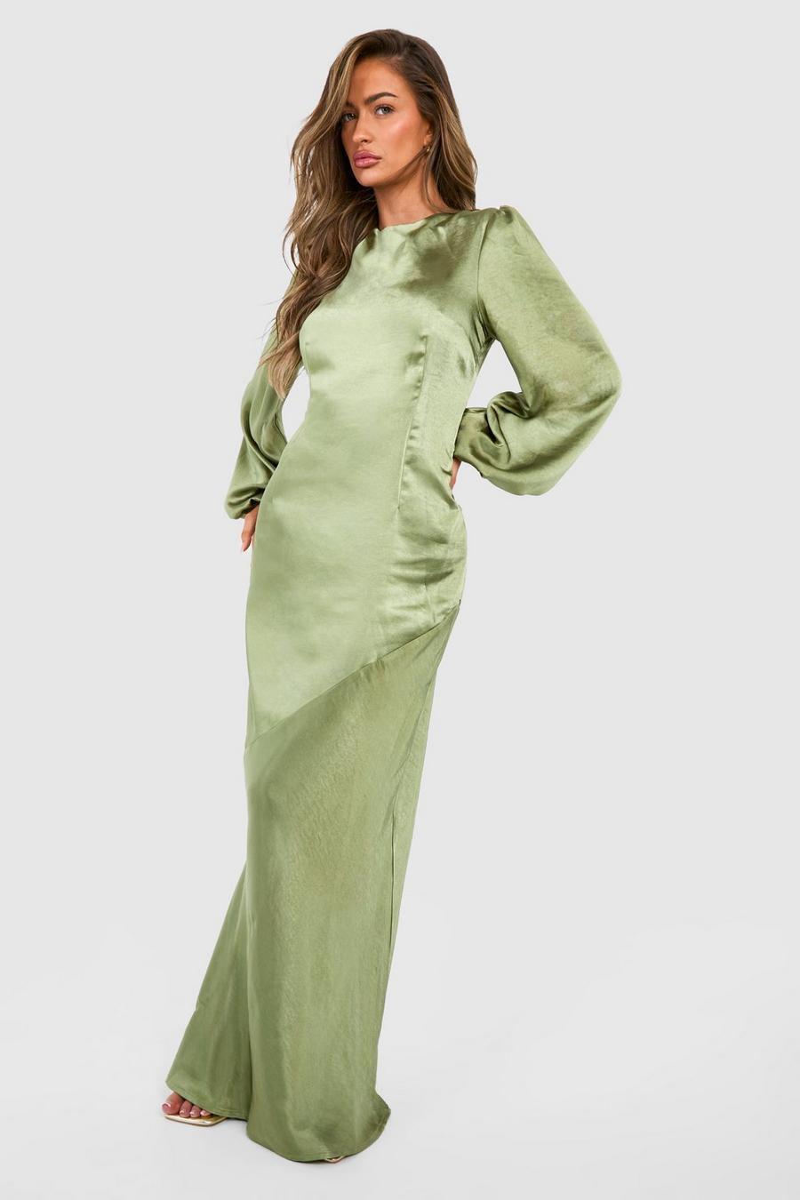 Olive Bridesmaid Satin Blouson Sleeve Maxi Dress