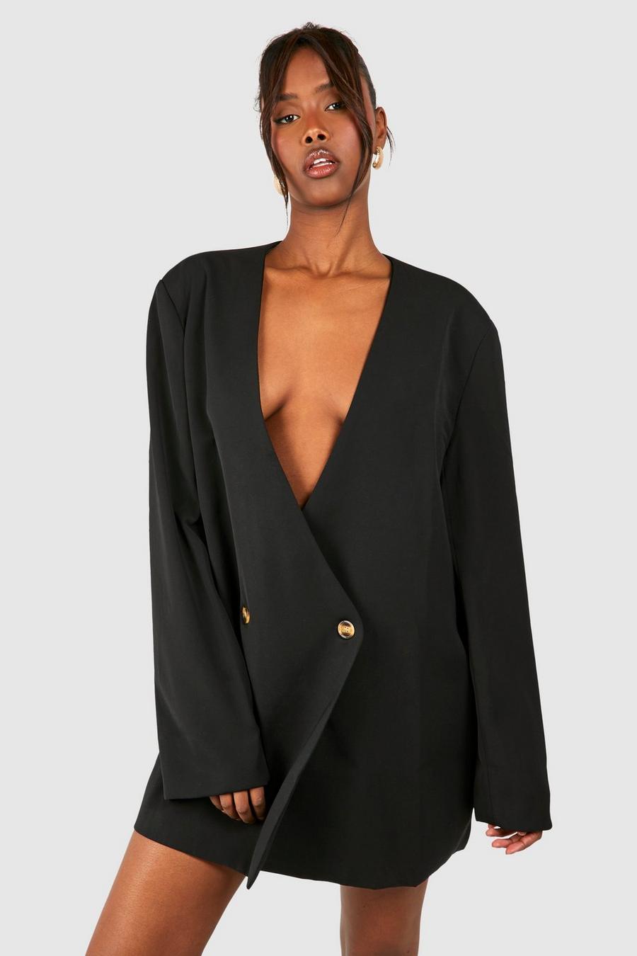 Black Oversized Collarless Blazer Dress image number 1