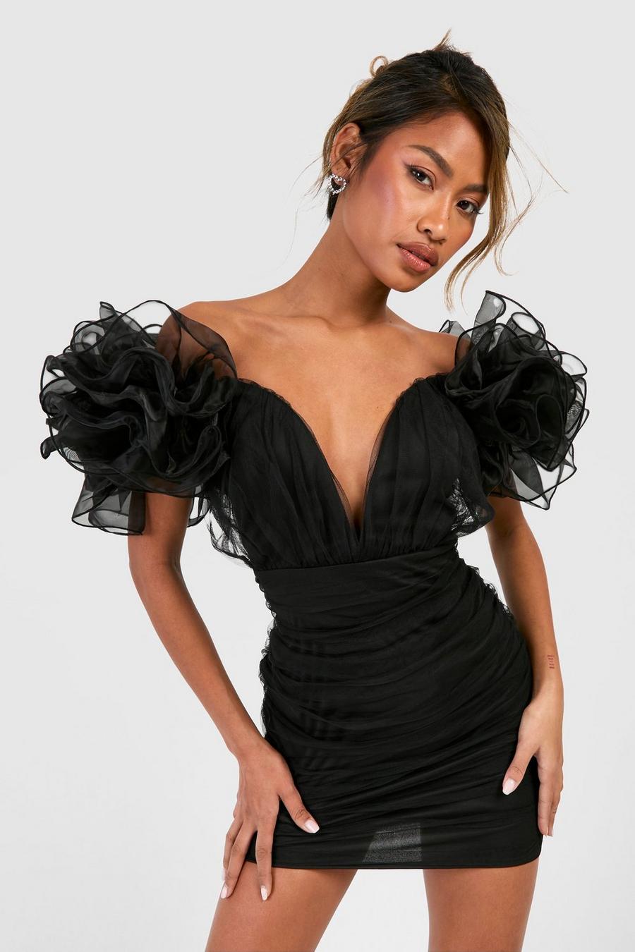 Black Tulle Rouched Mini Dress