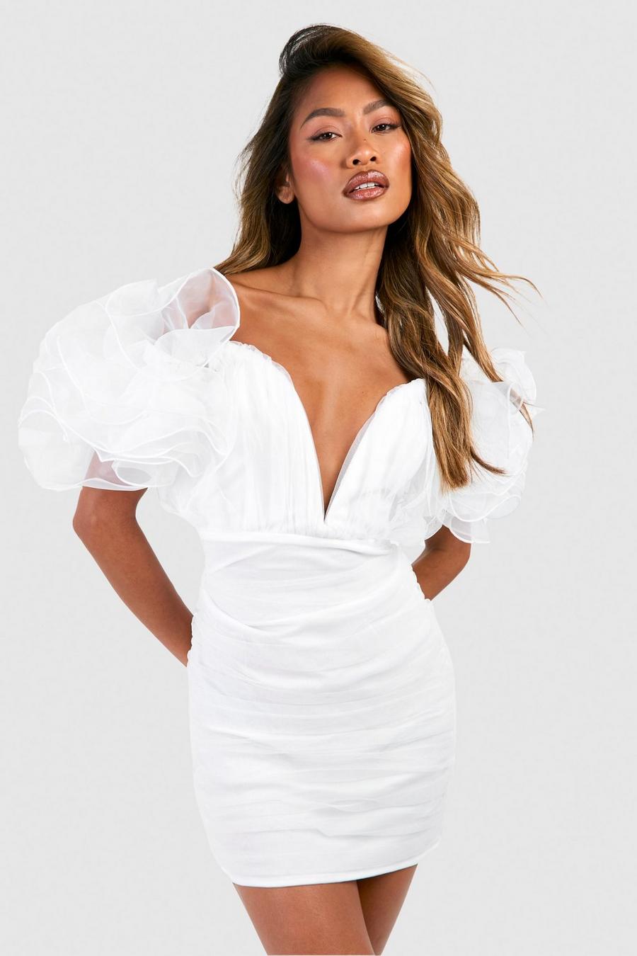White Tulle Rouched Mini Dress image number 1