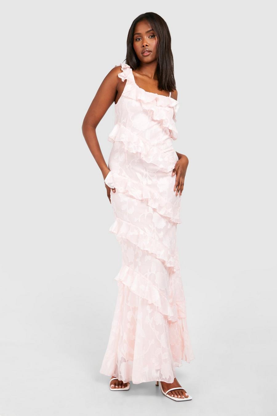 Pink Textured Ruffle Asymmetric Maxi Dress image number 1