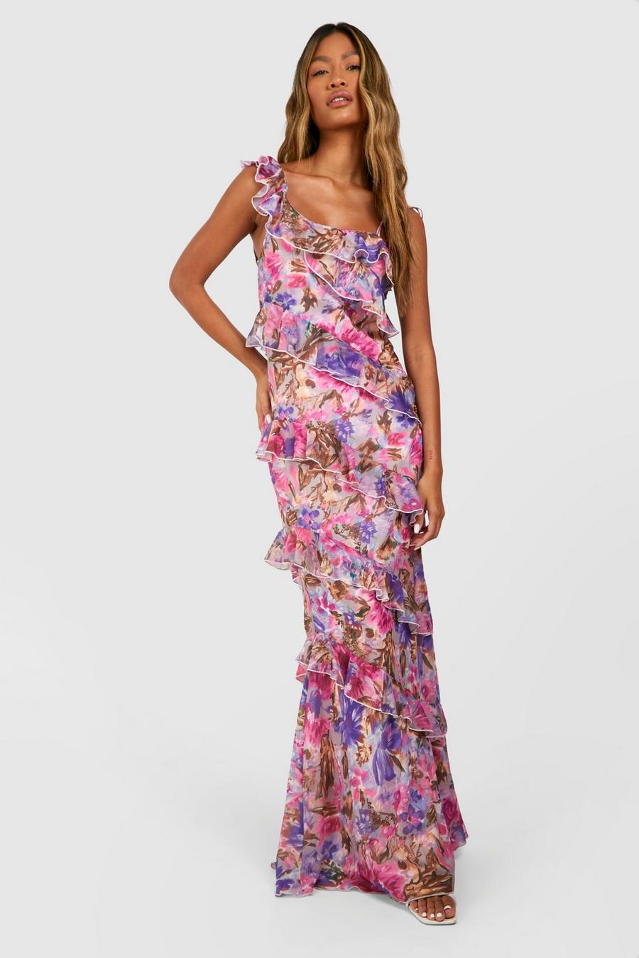 Multi Floral Ruffle Asymmetric Maxi Dress