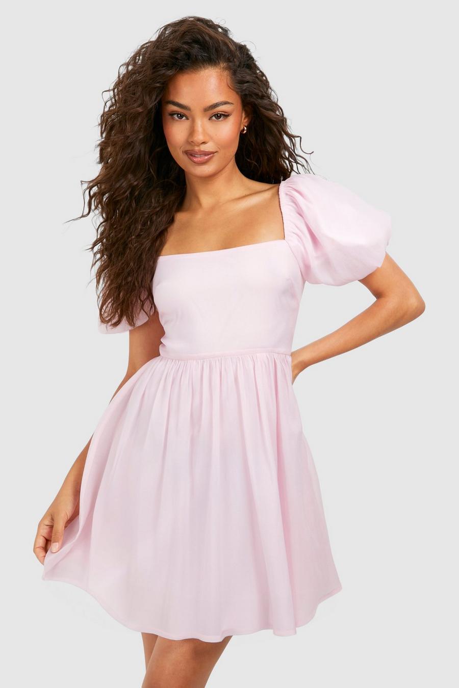 Pink Puff Sleeve Chiffon Mini Skater Dress