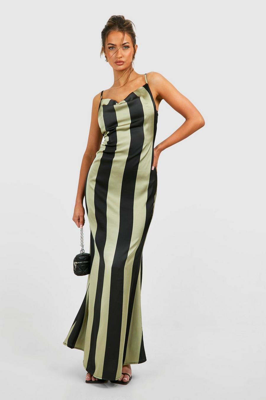 Olive Satin Stripe Cowl Maxi Slip Dress