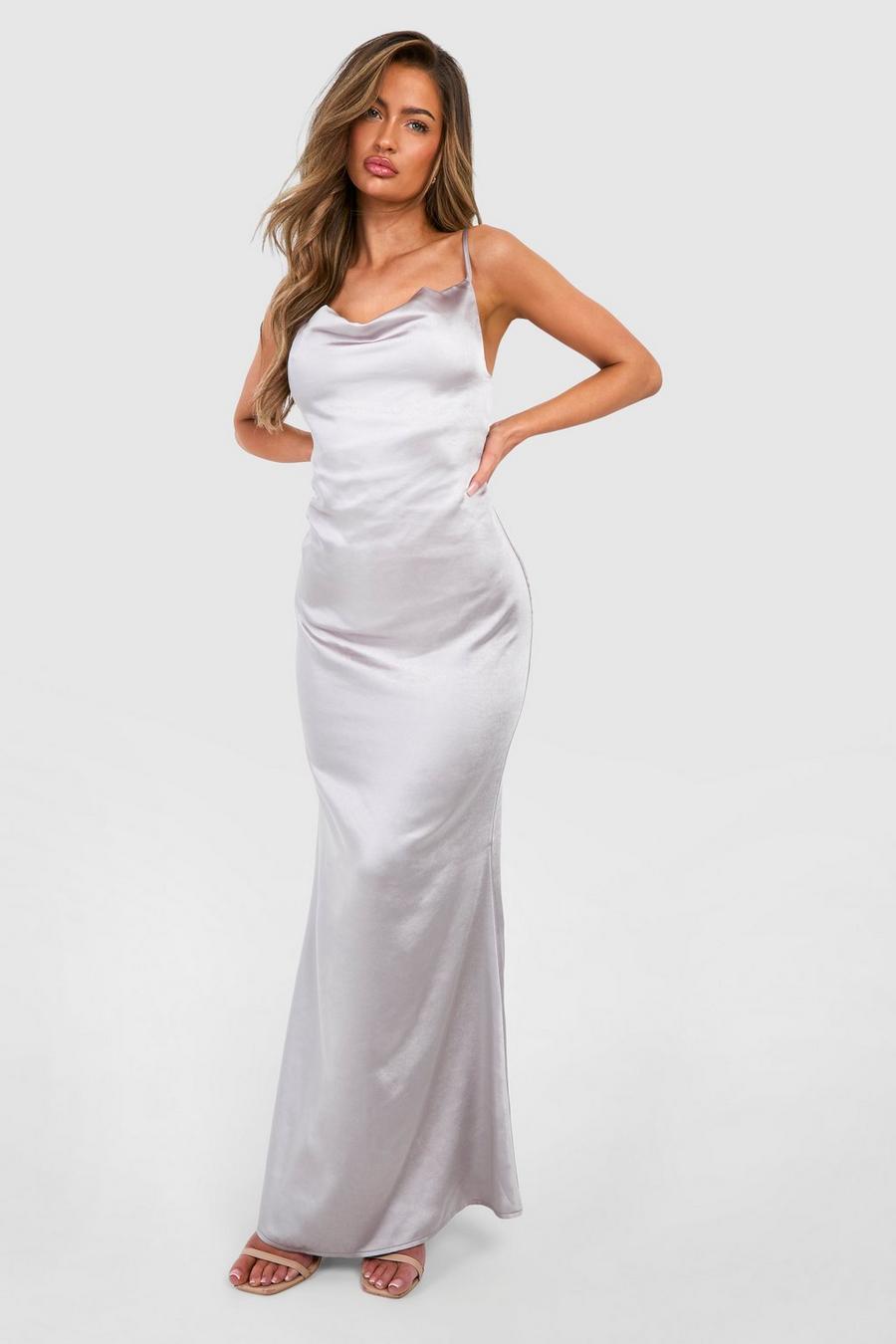 Silver Satin Cowl Maxi Slip Dress mid-rise image number 1