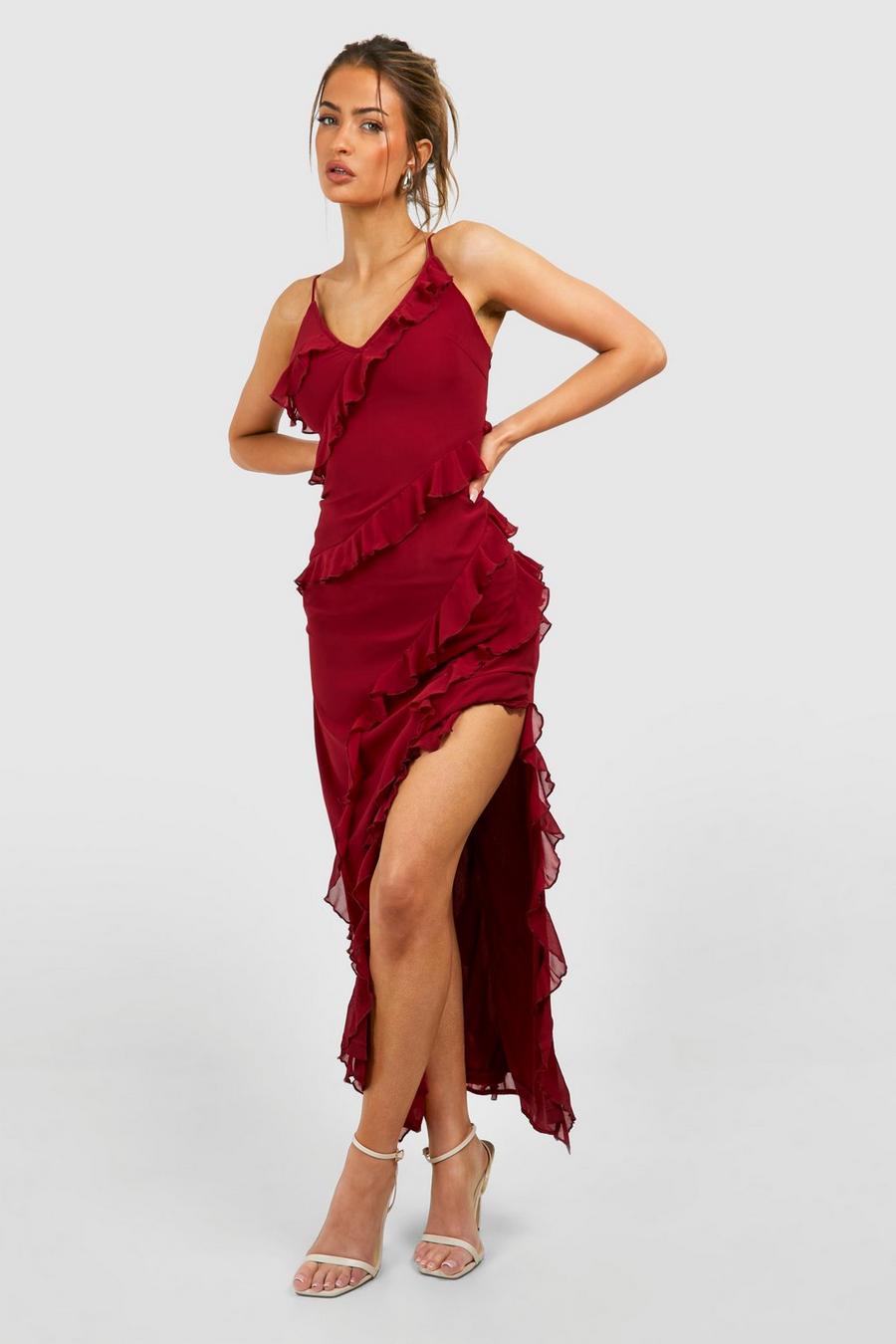 Burgundy red Floral Ruffle Satin Wrap Maxi Dress