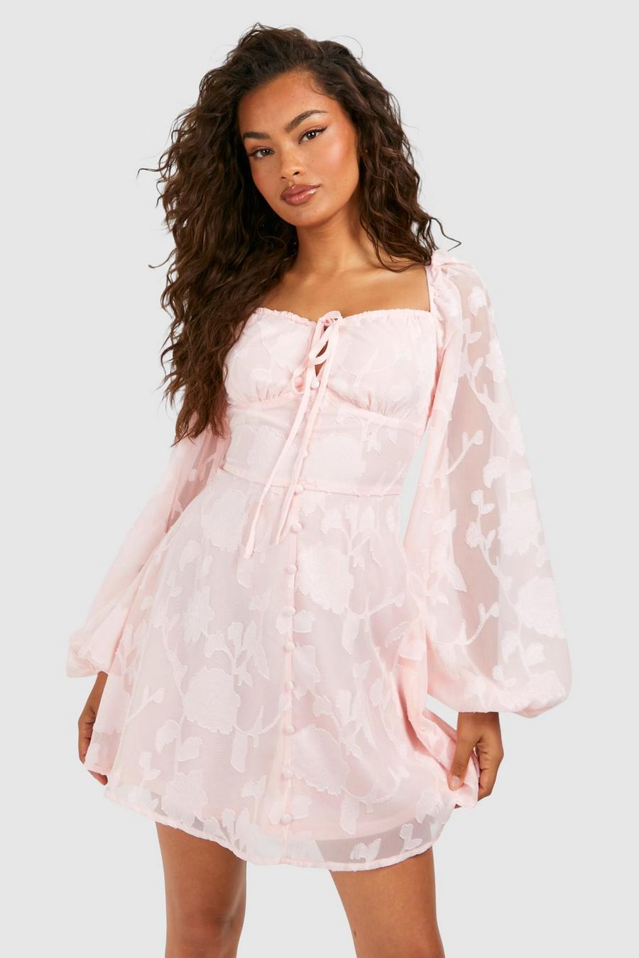 Pink Textured Balloon Sleeve Milkmaid Mini Dress