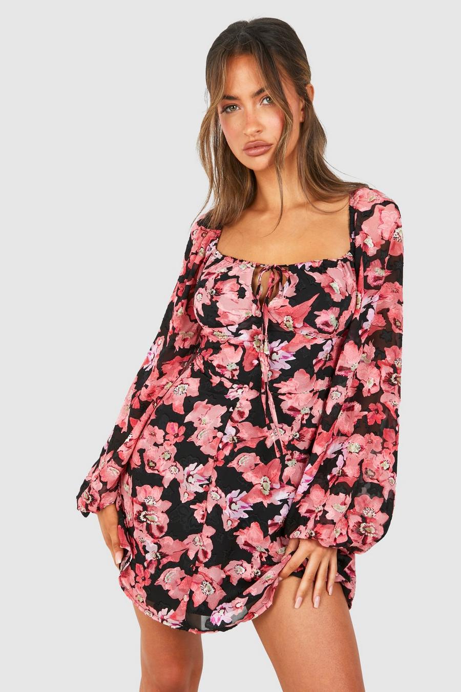 Vestido mini estilo mesonera texturizado con estampado de flores y mangas de globo, Pink
