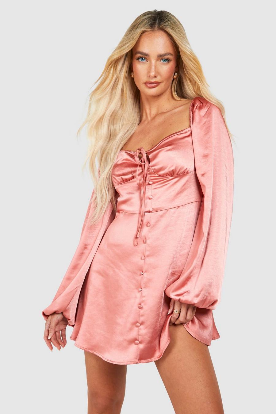 Blush Satijnen Melkmeisjes Mini Jurk Met Ballonmouwen