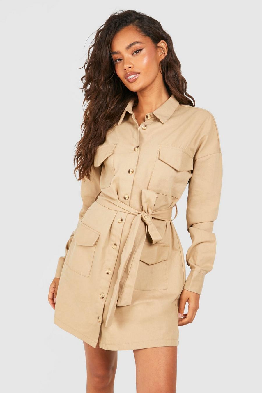 Stone Cotton Twill Utility Shirt Dress