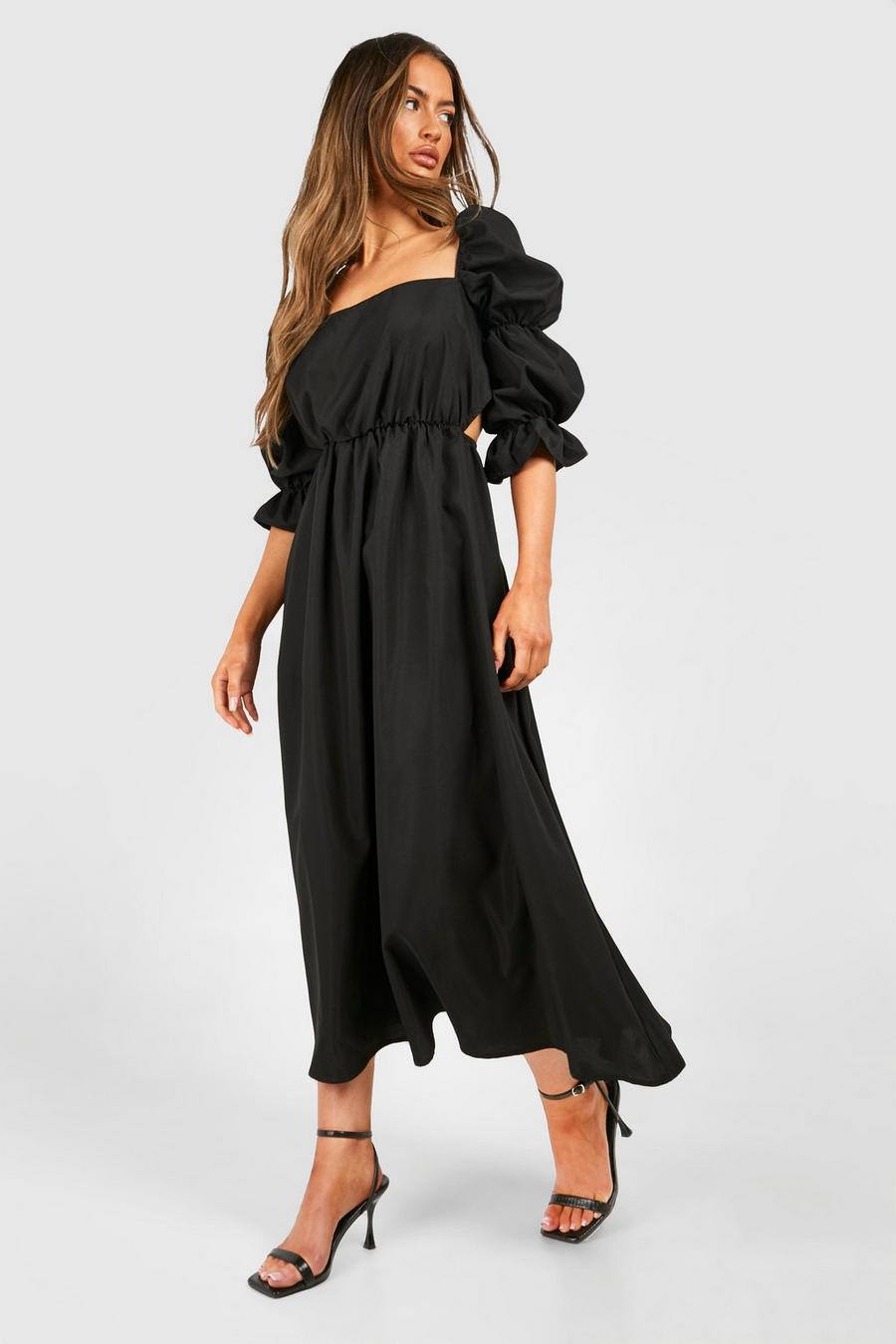 Black Poplin Puff Sleeve Midi Dress image number 1
