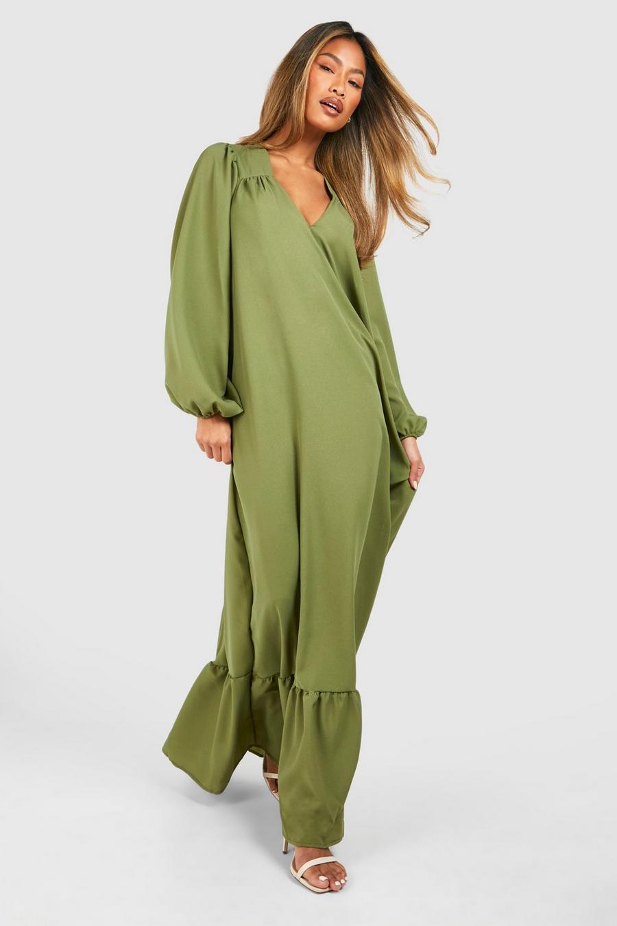 Khaki Blouson Sleeve Trapeze Maxi Dress