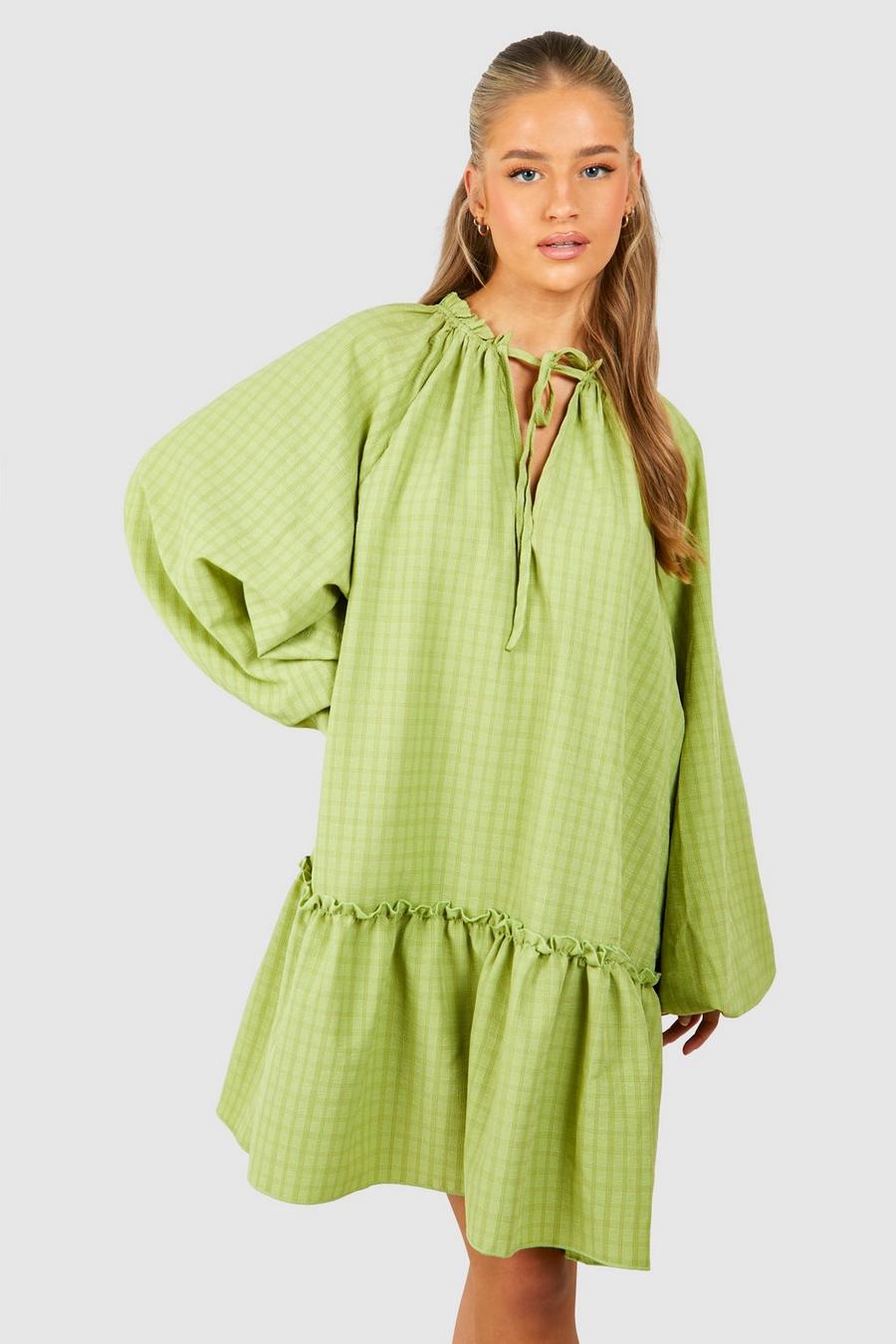 Chartreuse Textured Tie Neck Mini Smock Dress image number 1